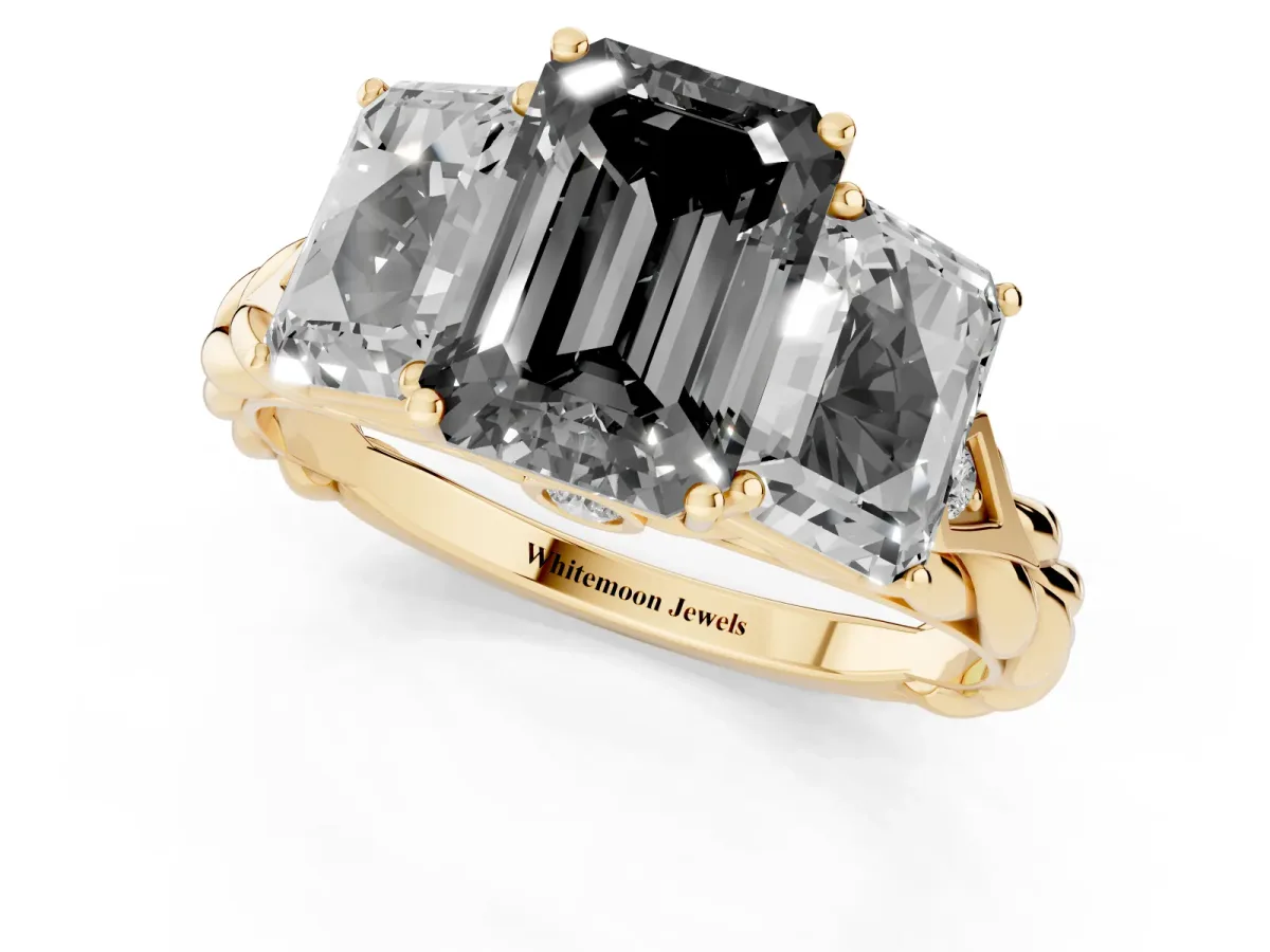 Fancy Black Three-Stone Radiant Cut Diamond Braided Band Ring with Four-Prong Setting Yellow gold