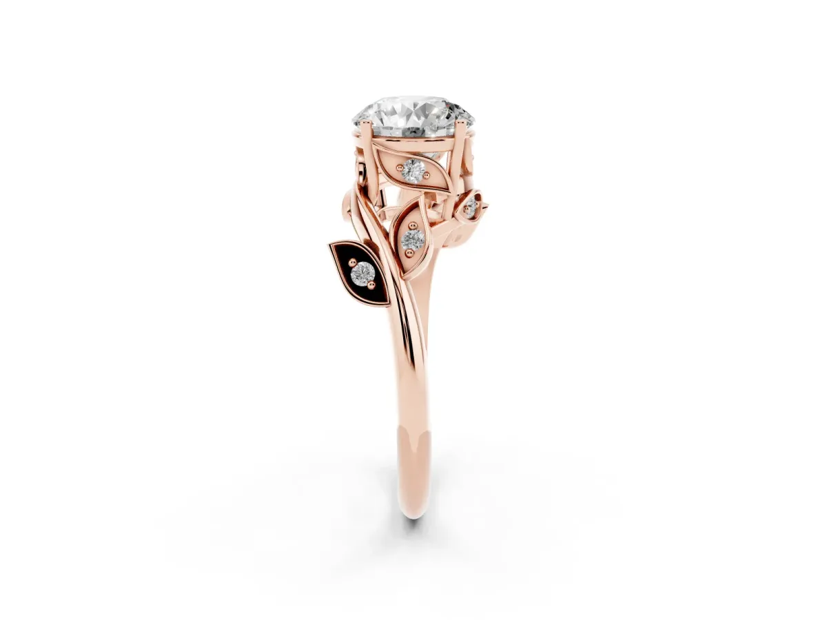 Round Cut Solitaire Twist Engagement Ring with Leaf Accents and Prong Setting Rose gold