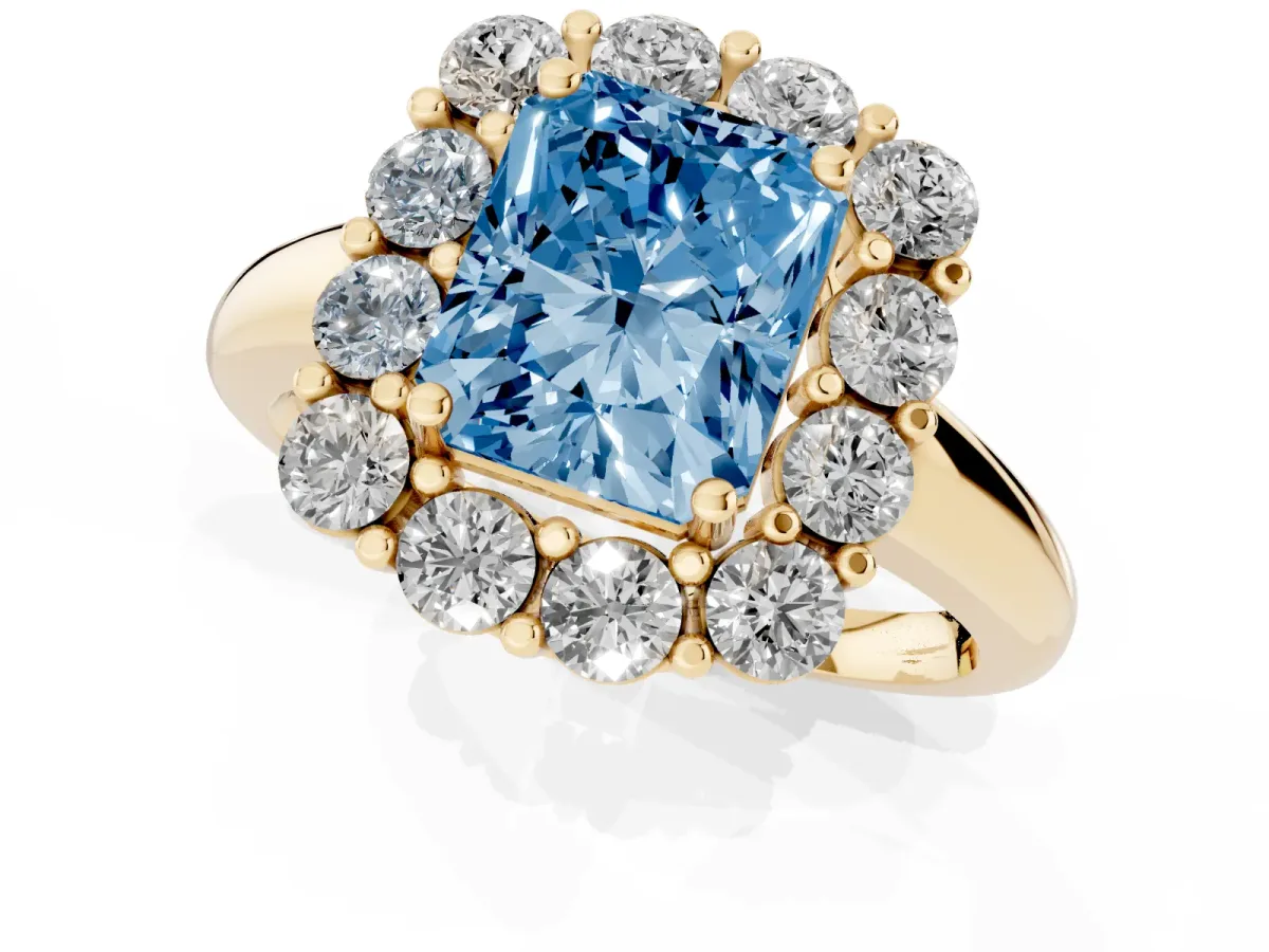 Fancy Blue Radiant Cut Halo Cluster Diamond Engagement Ring with Prong Setting and Polished Band Yellow gold