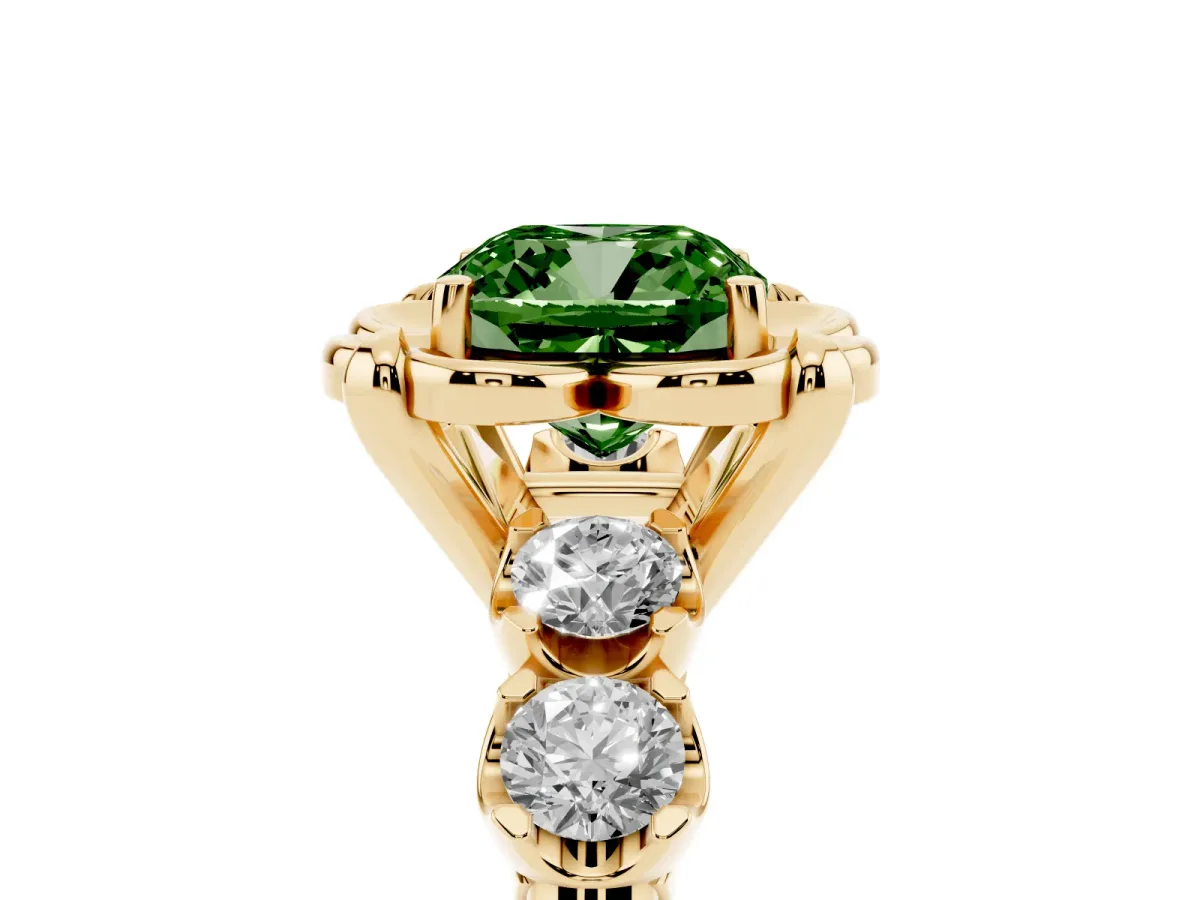 Fancy Green Cushion Cut Cut Diamond Floral Halo Engagement Ring with Shared Prong Setting Yellow gold