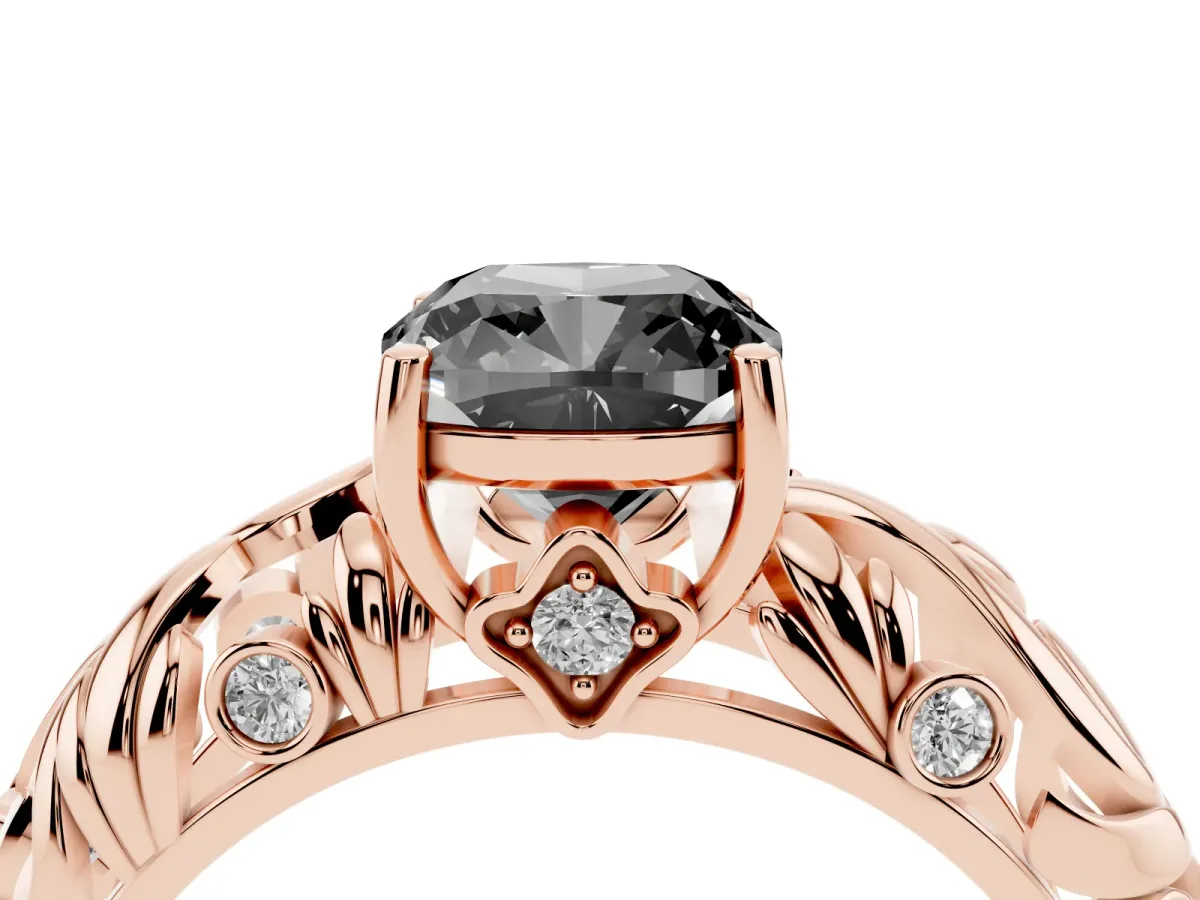 Fancy Black Cushion Cut Solitaire Diamond Leaf-Inspired Vine Band Ring with Prong Setting Rose gold