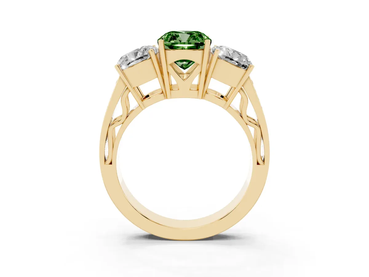 Fancy Green Cushion Cut Diamond Three-Stone Ring with Prong Setting and Textured Band Yellow gold