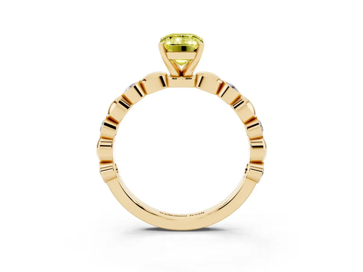 Fancy Yellow Emerald Cut Solitaire Bezel-Set Diamond Ring with Beaded Band and Four-Prong Setting Yellow gold
