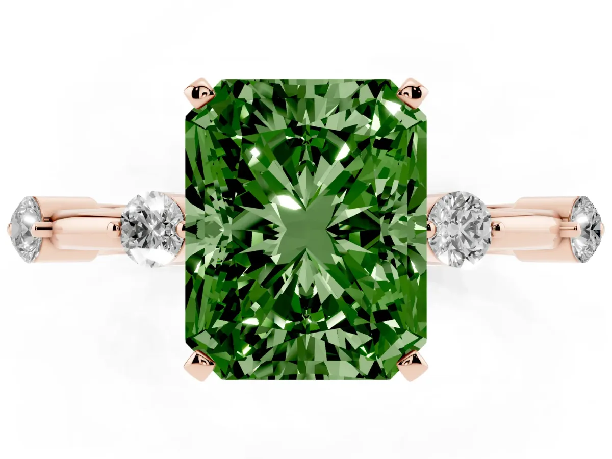 Fancy Green Radiant Cut Solitaire Diamond Ring with Bezel Set Side Stones and Prong Setting Rose gold