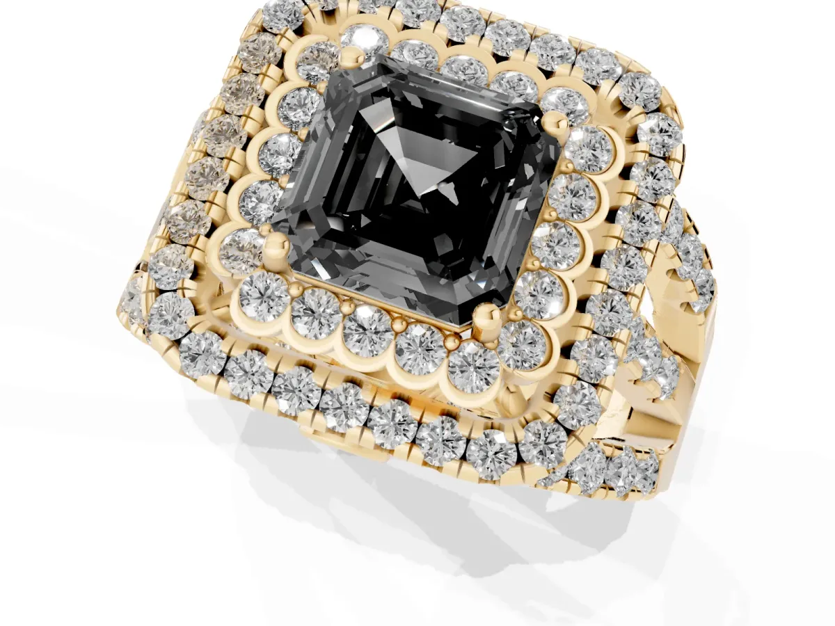 Fancy Black Asscher Cut Diamond Double Halo Ring with Round Pavé Split Shank and Prong Setting Yellow gold