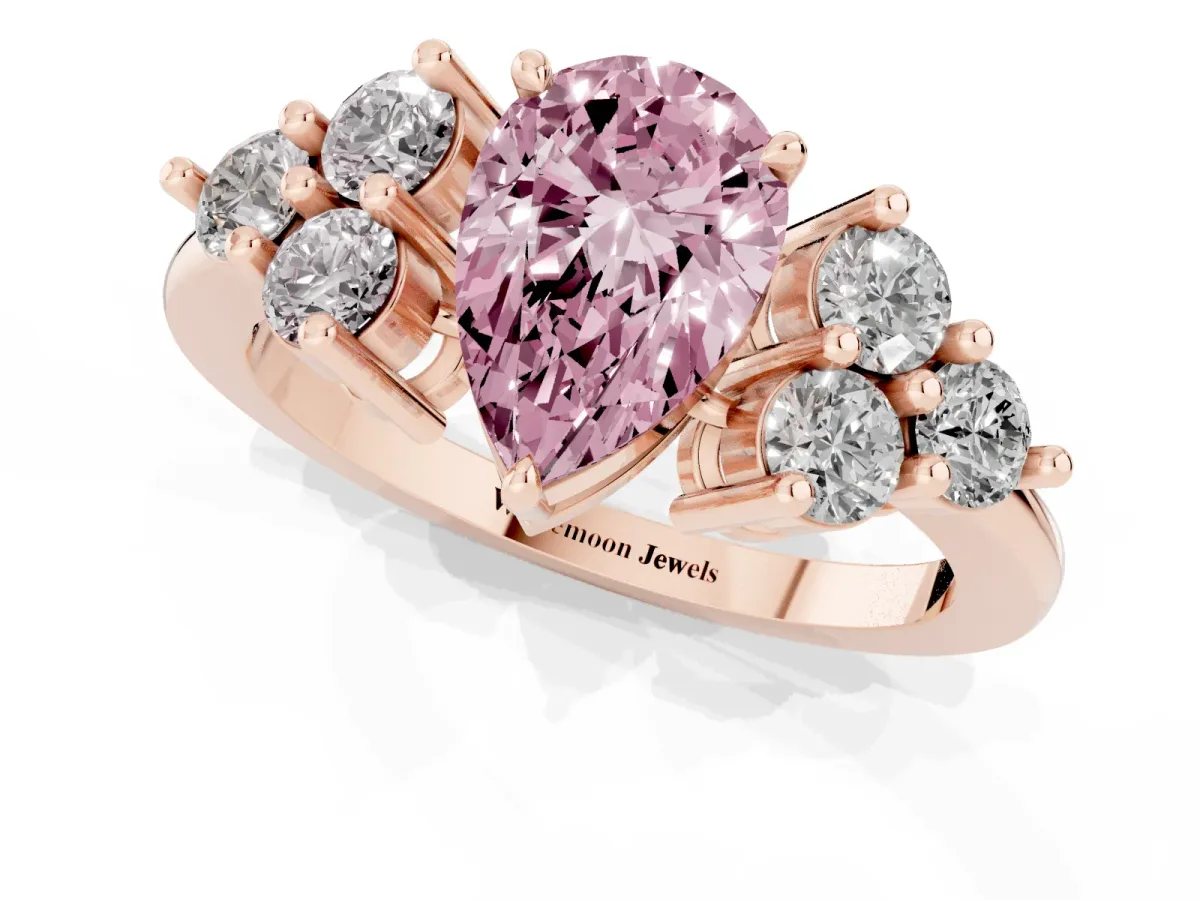 Fancy Pink Pear Cut Brilliant Diamond Cluster Accent Solitaire Ring with Prong Setting Rose gold