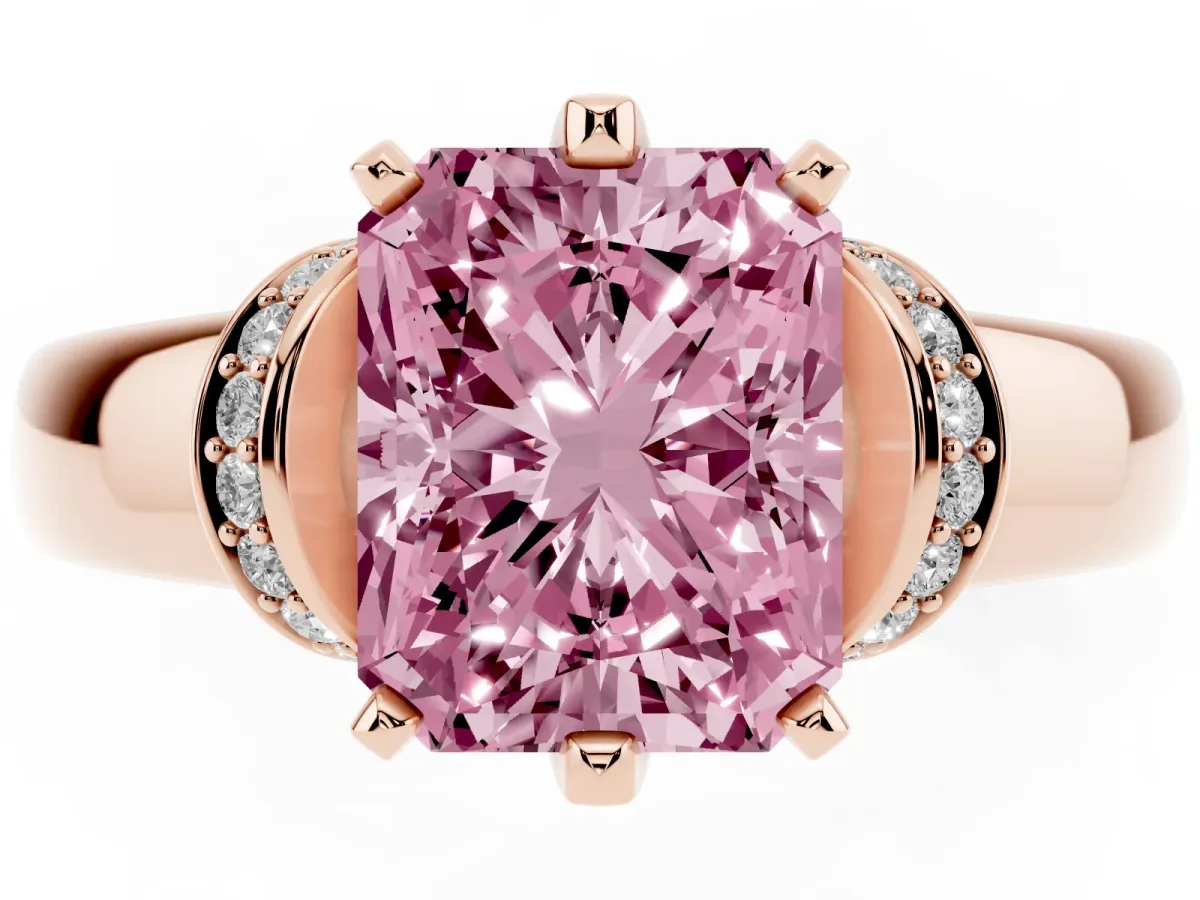 Fancy Pink Radiant Cut Solitaire Diamond Ring with Pave Band and Six-Prong Setting Rose gold