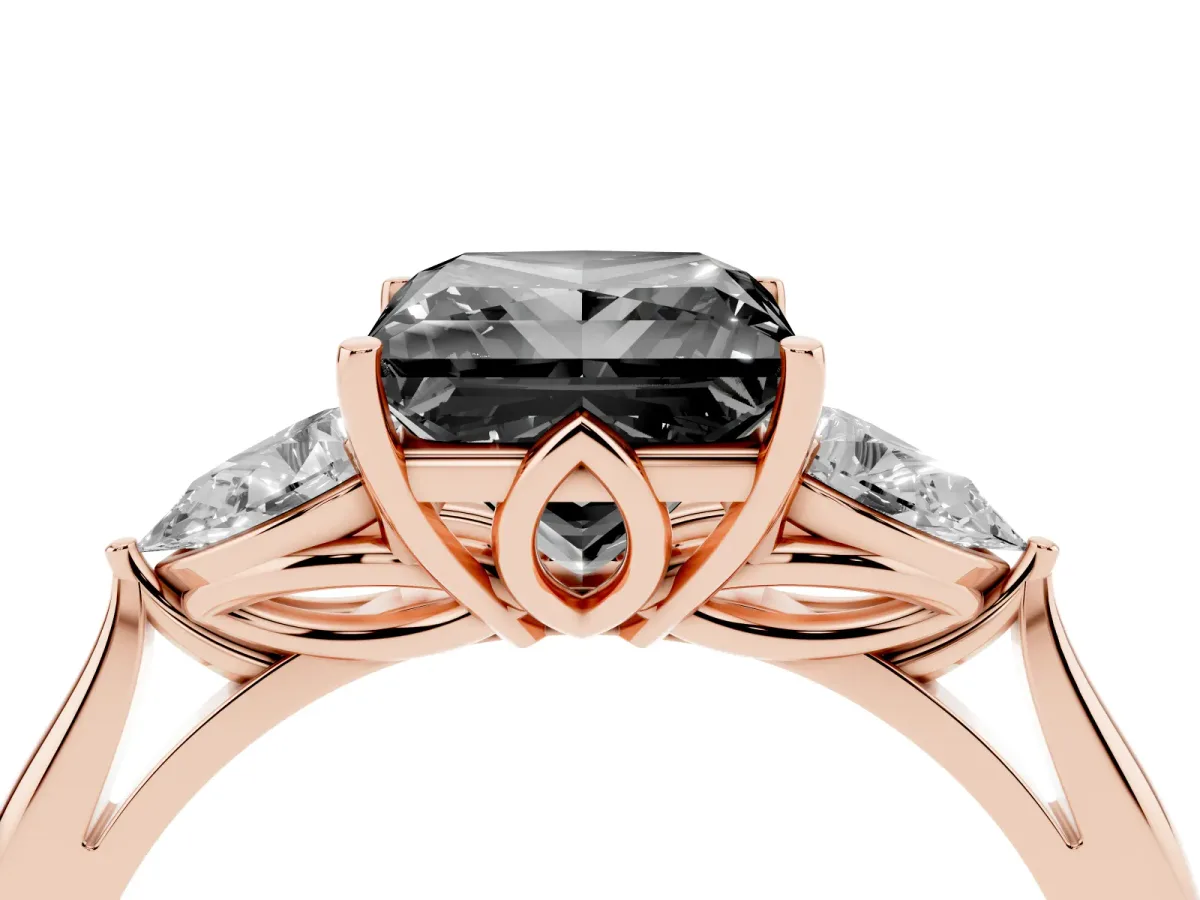 Fancy Black Princess Cut Diamond Three-Stone Ring with Pear Side Stones and Prong Setting Rose gold
