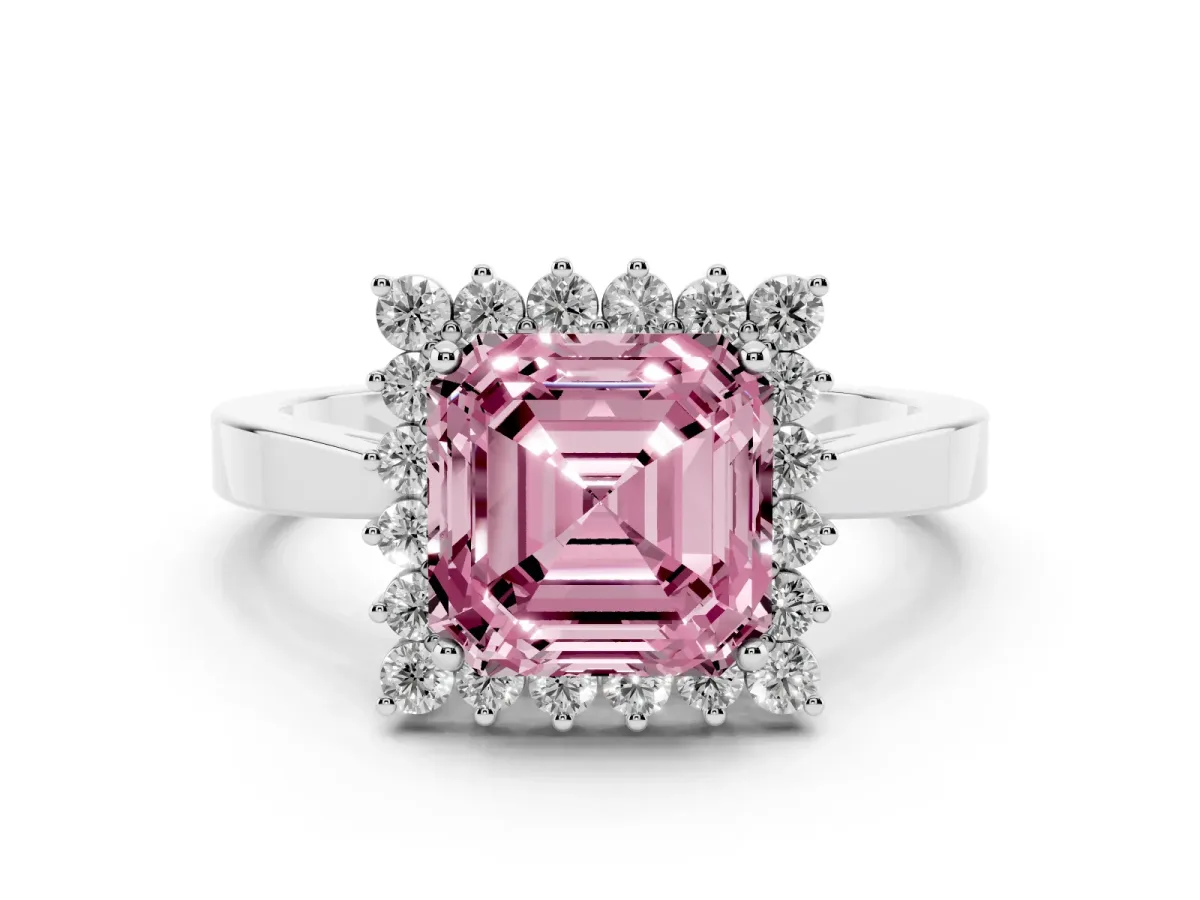 Fancy Pink Asscher Cut Cut Diamond Halo Ring with Round Brilliant Halo and Solitaire Band White gold