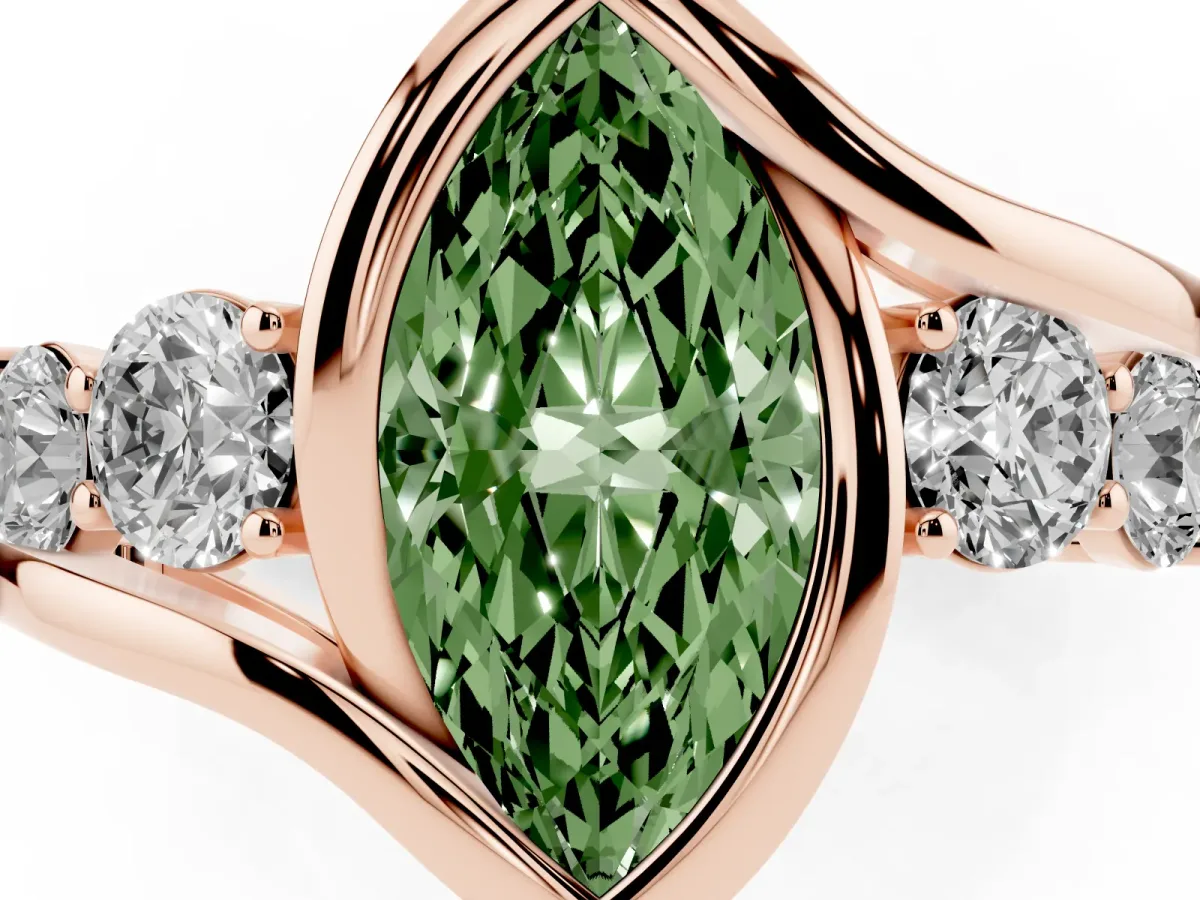 Fancy Green Bezel Set Marquise Cut Diamond Bypass Ring with Round Accents Rose gold
