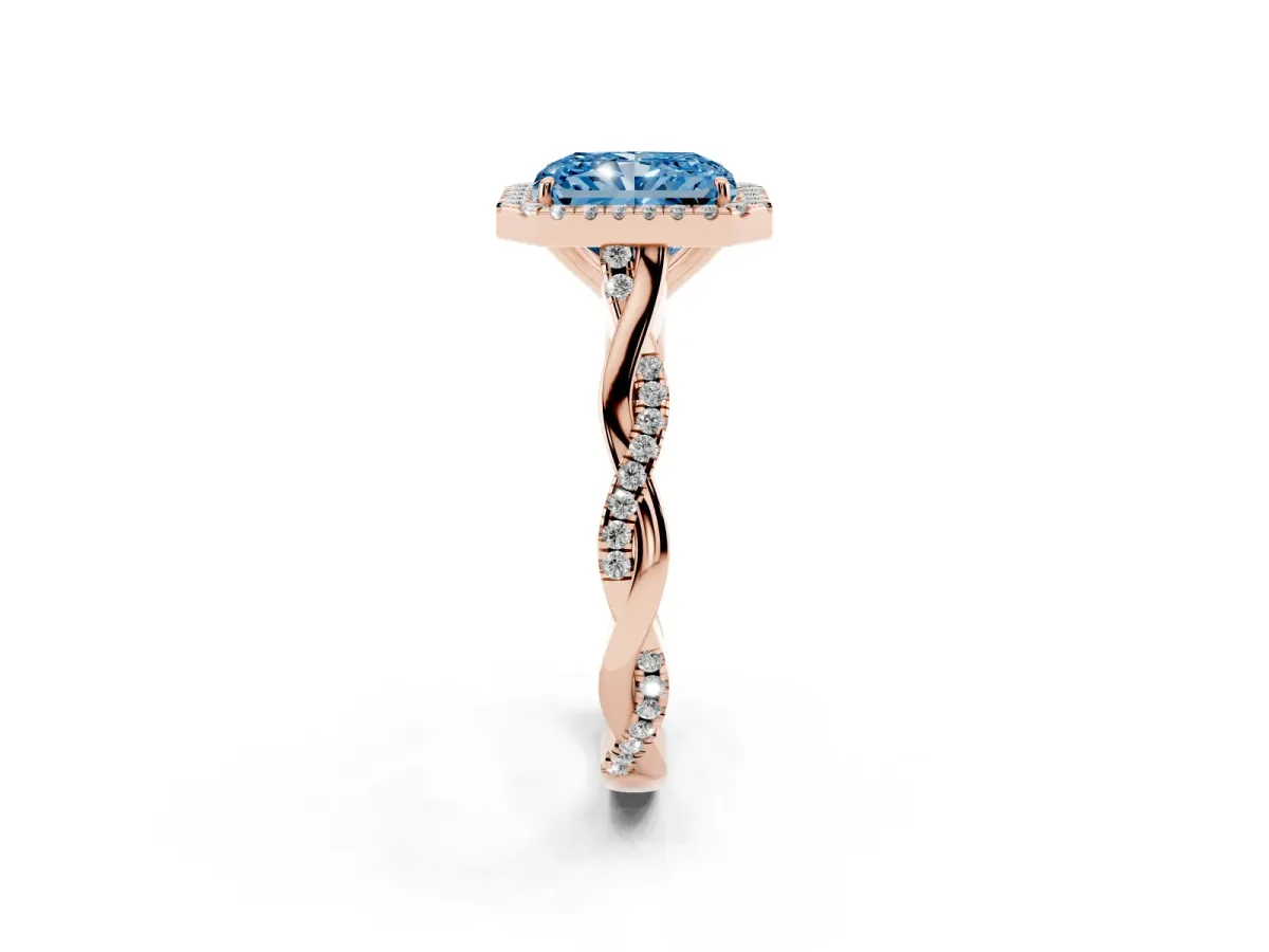 Fancy Blue Radiant Cut Halo Twist Band Solitaire Ring Rose gold