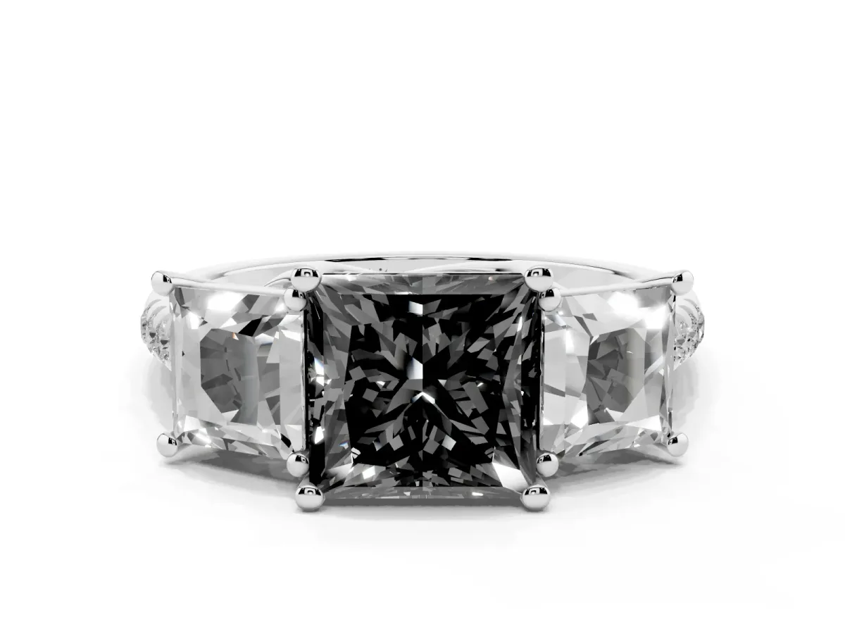 Fancy Black Three-Stone Princess Cut Diamond Ring with Round Pavé Band and Prong Setting Silver