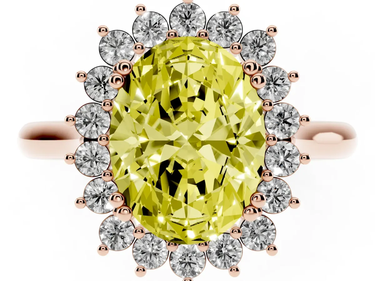 Fancy Yellow Oval Cut Cut Diamond Halo Ring with Solitaire Band and Prong Setting Rose gold