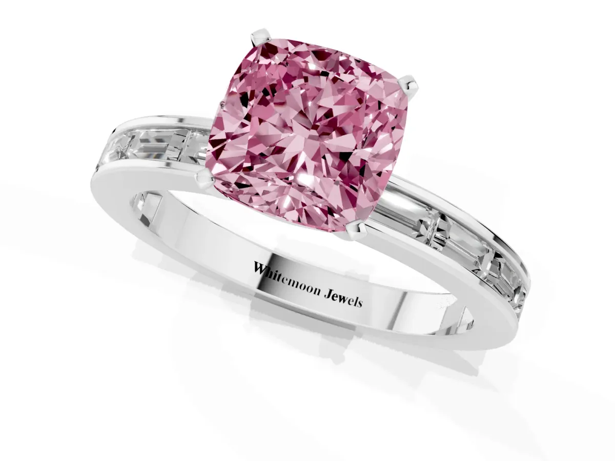 Fancy Pink Cushion Cut Solitaire Diamond Ring with Channel-Set Baguette Band and Four-Prong Setting White gold