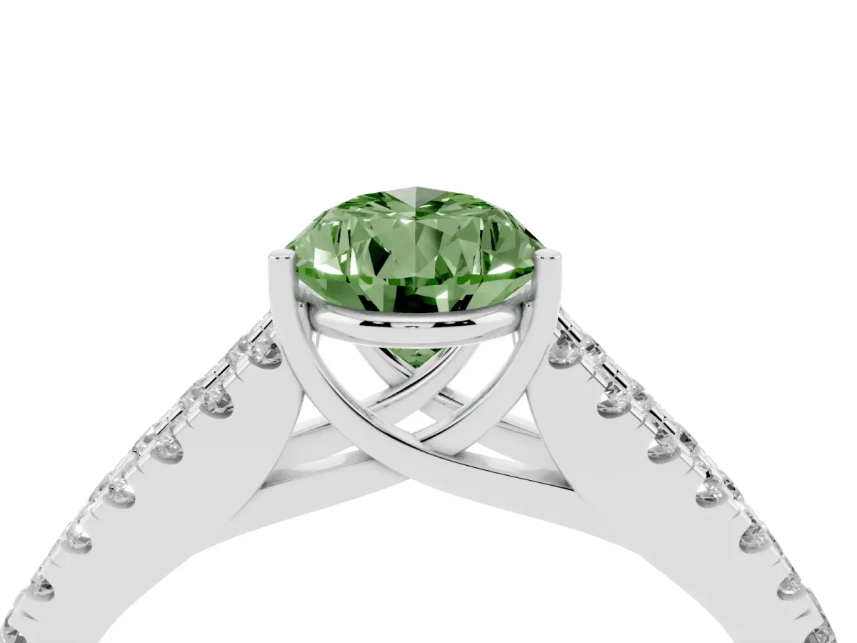 Fancy Green Pear Cut Diamond Split Shank Engagement Ring with Round Pavé and Prong Setting Platinum