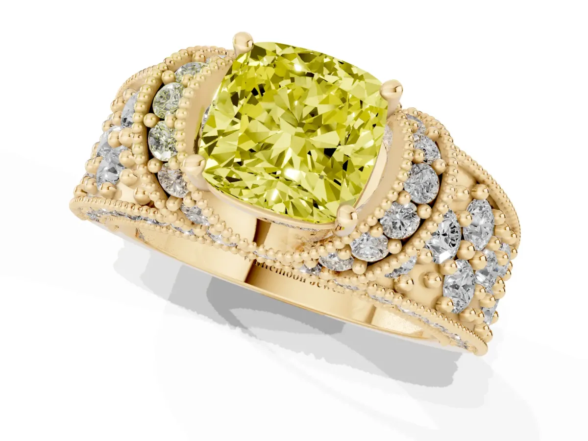 Fancy Yellow Cushion Cut Halo Pave Diamond Engagement Ring with Milgrain Detailing Yellow gold