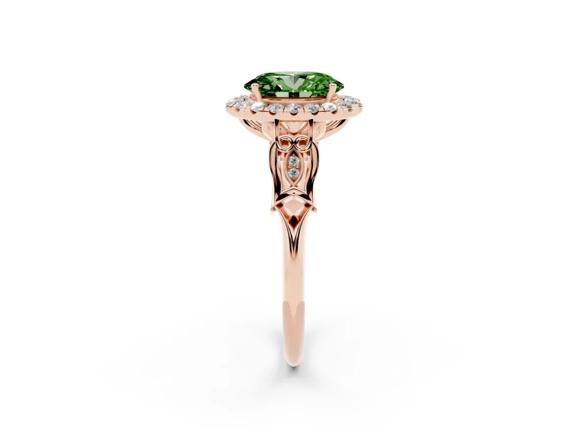 Fancy Green Oval Cut Halo Diamond Engagement Ring with Filigree Band and Four-Prong Setting Rose gold