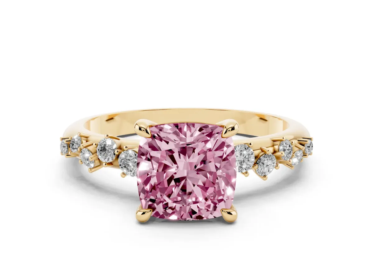 Fancy Pink Cushion Cut Cut Diamond Vine Band with Four-Prong Setting Yellow gold