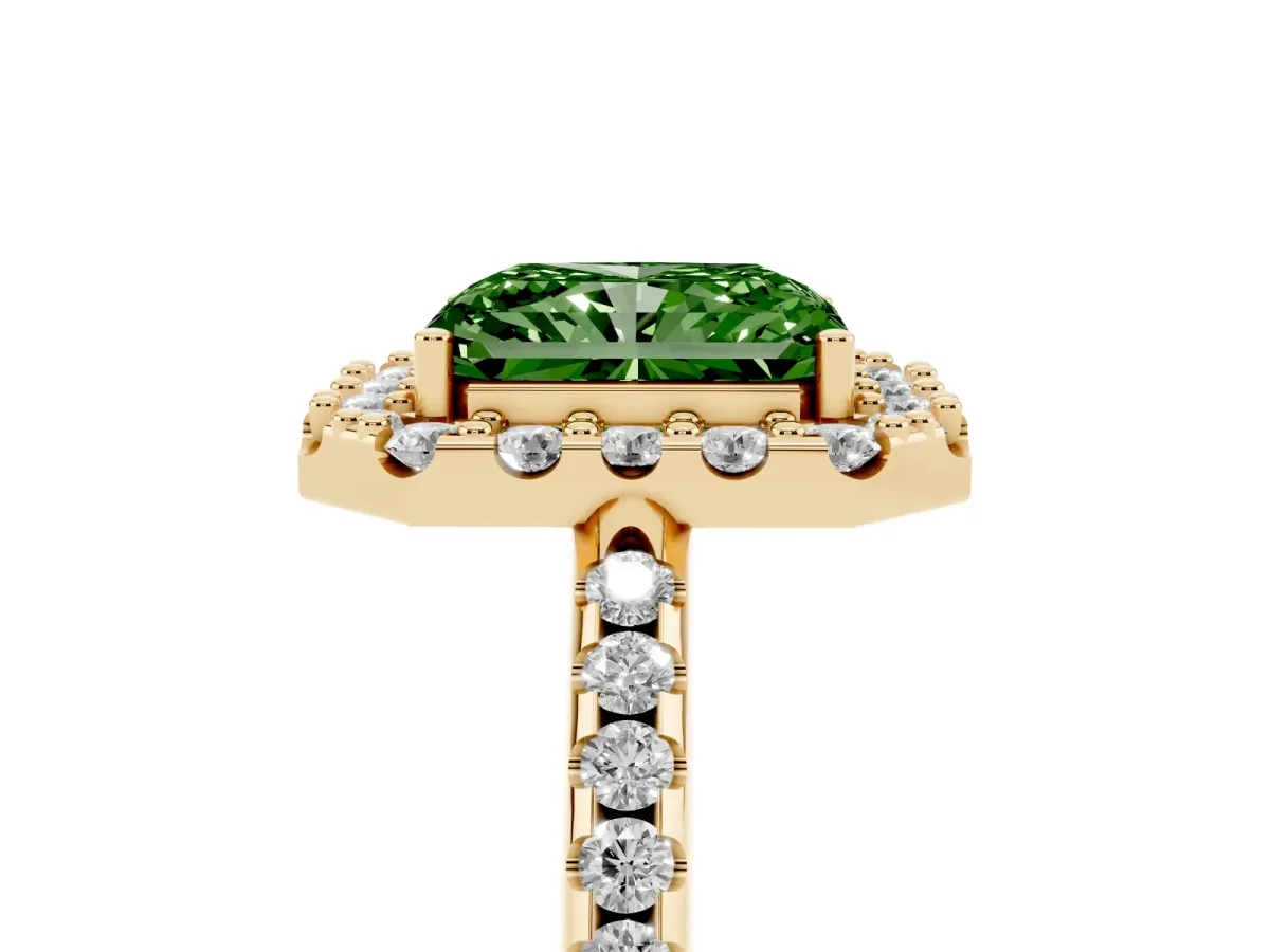 Fancy Green Radiant Cut Diamond Pavé Halo Ring with Four-Prong Setting Yellow gold