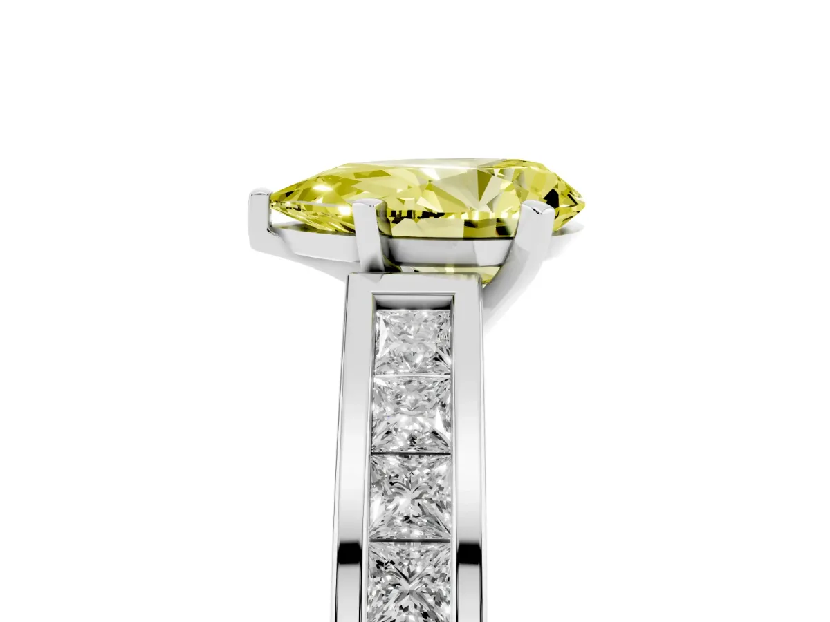 Fancy Yellow Pear Cut Solitaire Diamond Ring with Channel-Set Band and Four-Prong Setting Silver