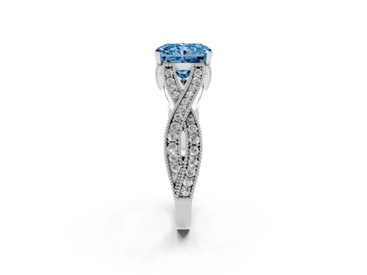 Fancy Blue Radiant Cut Cut Diamond Twisted Band with Milgrain Pave Setting and Four-Prong Setting Silver