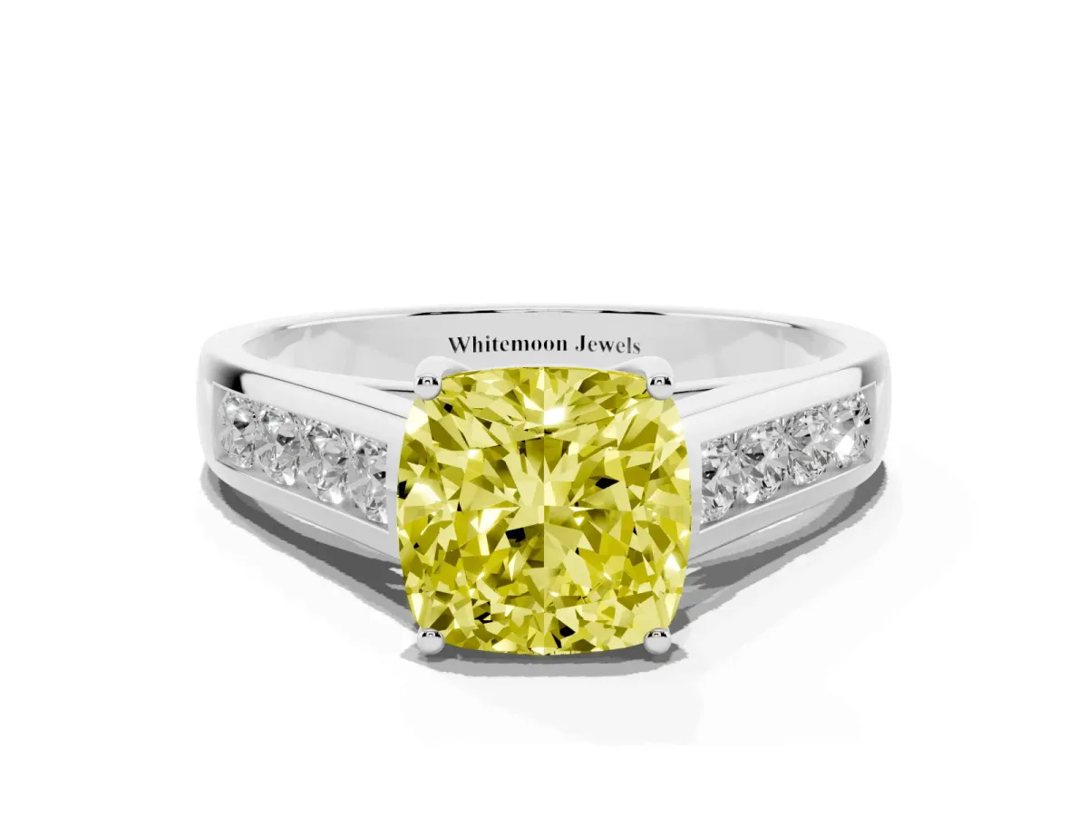 Fancy Yellow Cushion Cut Solitaire Channel-Set Diamond Engagement Ring with Four-Prong Setting Silver