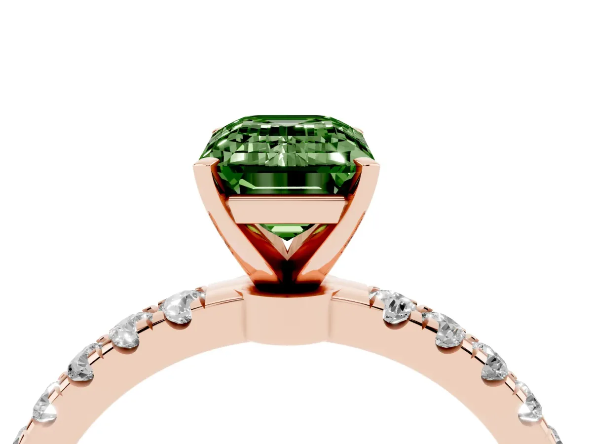 Fancy Green Emerald Cut Diamond Solitaire Ring with Pavé Accents and Four-Prong Setting Rose gold