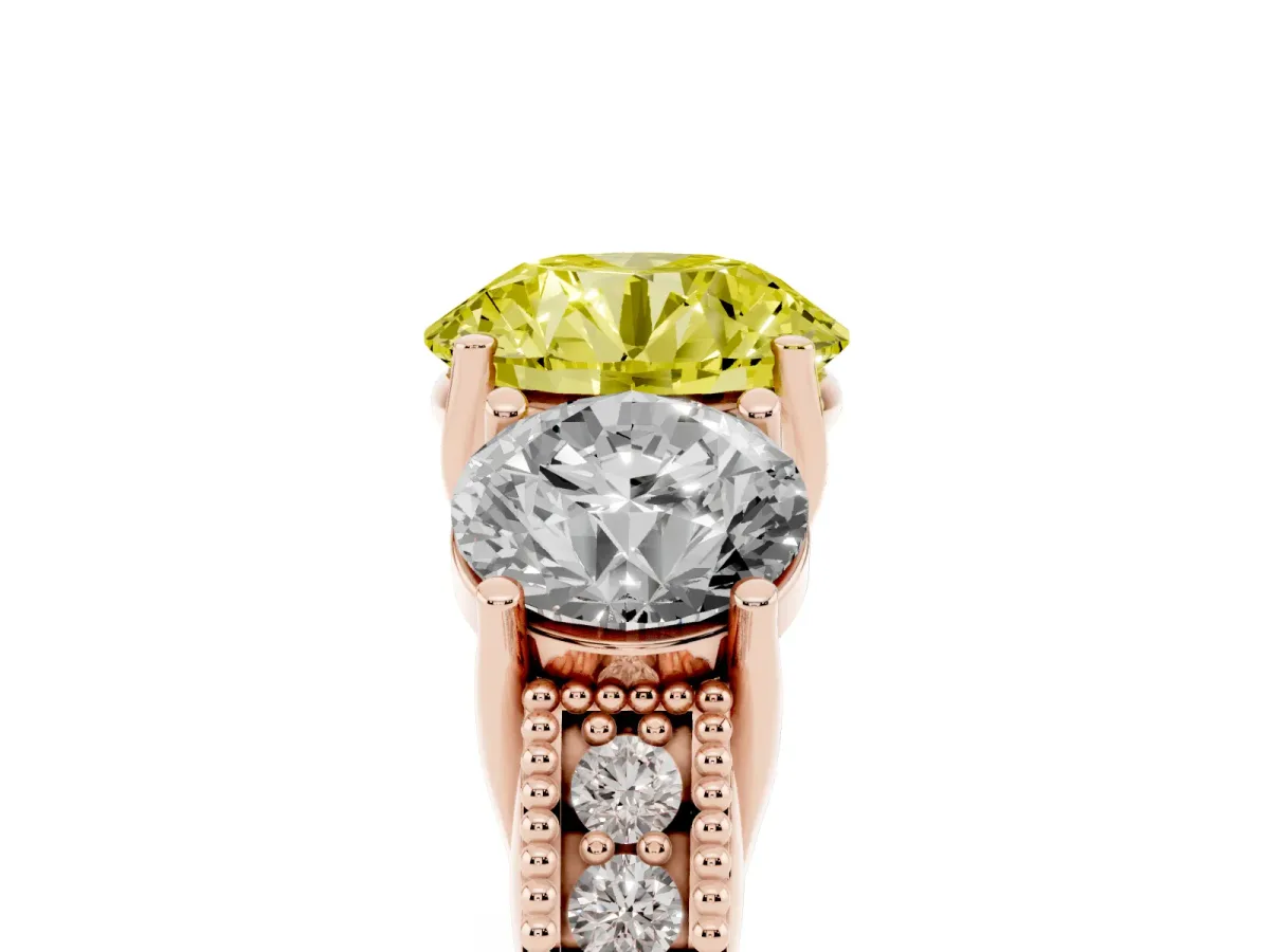 Fancy Yellow Three-Stone Round Cut Cut Milgrain Pavé Engagement Ring Rose gold