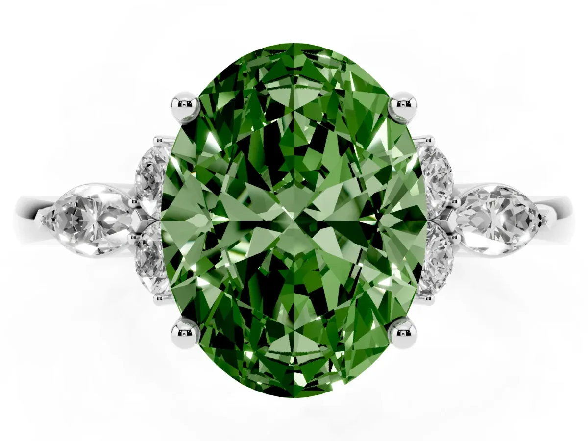 Fancy Green Oval Cut Brilliant Diamond Solitaire Ring with Pear Side Stones and Four-Prong Setting Platinum