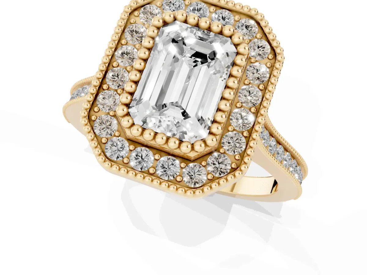 Emerald Cut Diamond Halo Ring with Milgrain Frame and Pavé Band Yellow gold