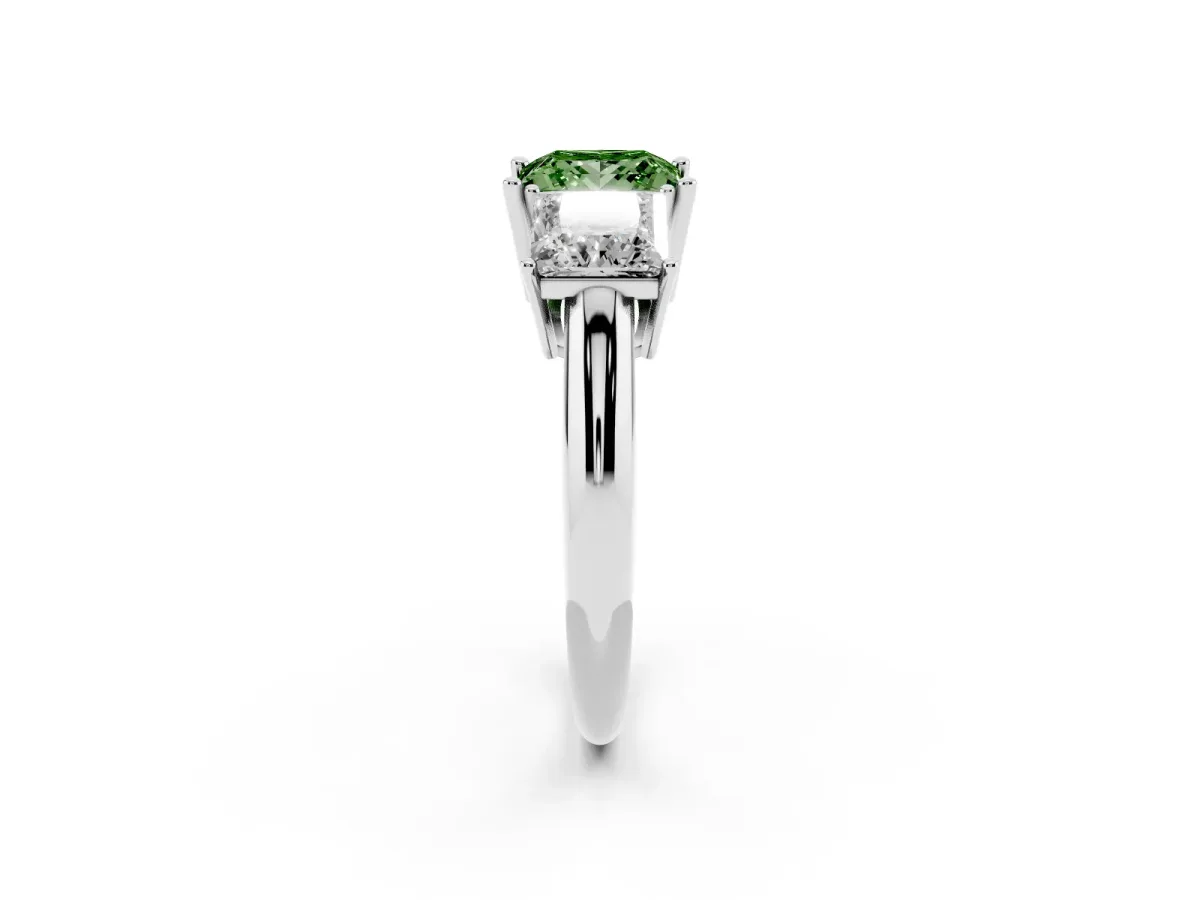 Fancy Green Three-Stone Princess Cut Cut Diamond Engagement Ring with Prong Setting on a White Gold Band White gold
