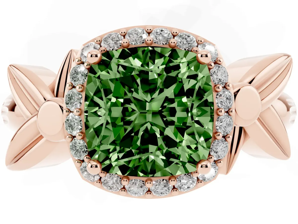 Fancy Green Cushion Cut Halo Diamond Floral Band with Four-Prong Setting Rose gold