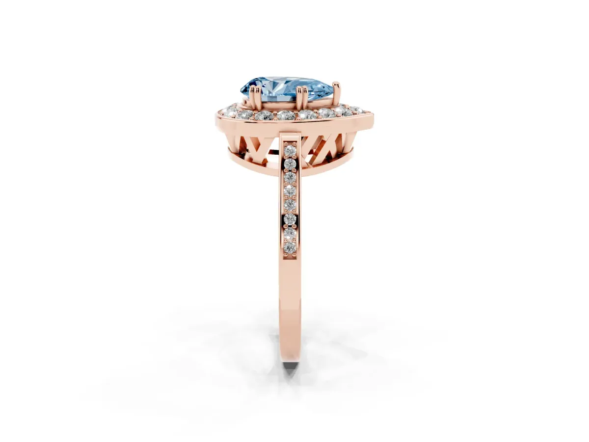 Fancy Blue Pear Cut Diamond Halo Ring with Split Shank and Four-Prong Setting Rose gold