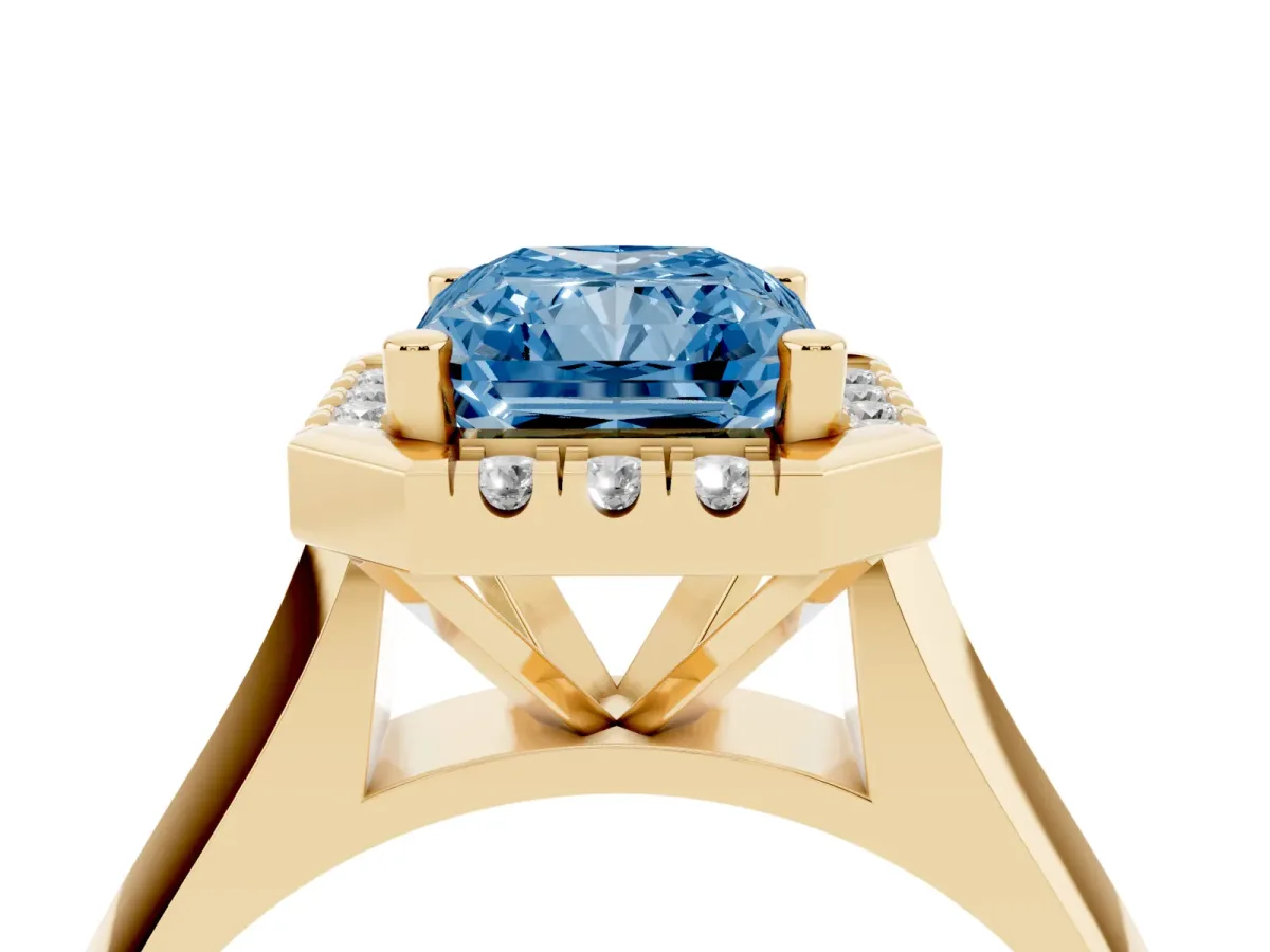 Fancy Blue Radiant Cut Cut Halo Solitaire Engagement Ring with Square Band and Four-Prong Setting Yellow gold