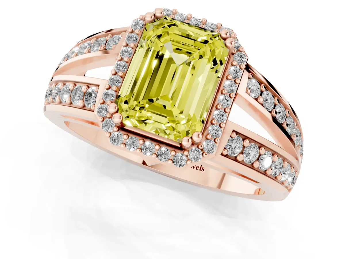 Fancy Yellow Emerald Cut Diamond Halo Ring with Split Shank Pavé Band and Four-Prong Setting Rose gold