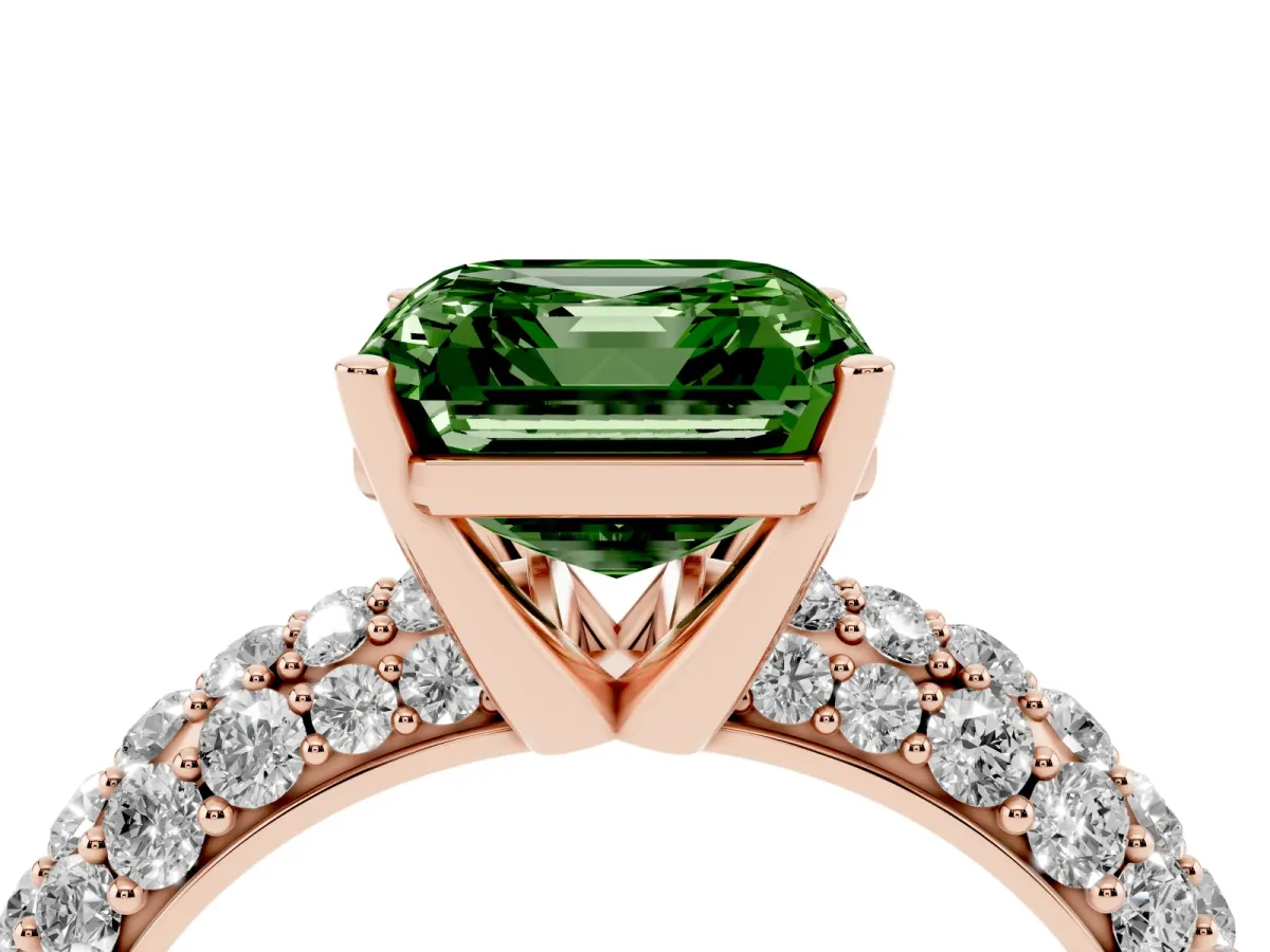 Fancy Green Asscher Cut Diamond Pavé Band Solitaire Ring with Four-Prong Setting Rose gold