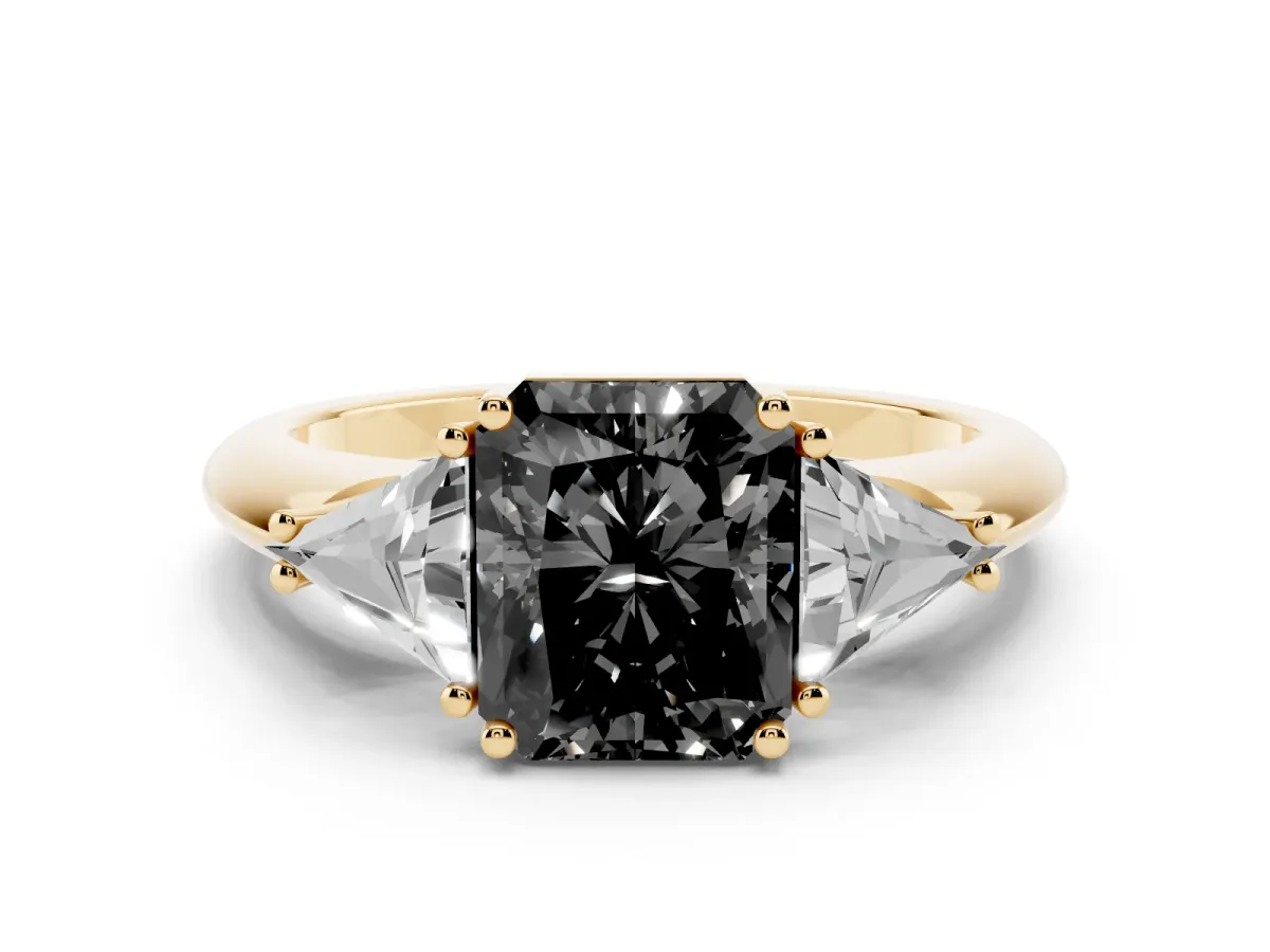 Fancy Black Three-Stone Radiant Cut Diamond Engagement Ring with Trillion Side Stones and Prong Setting Yellow gold