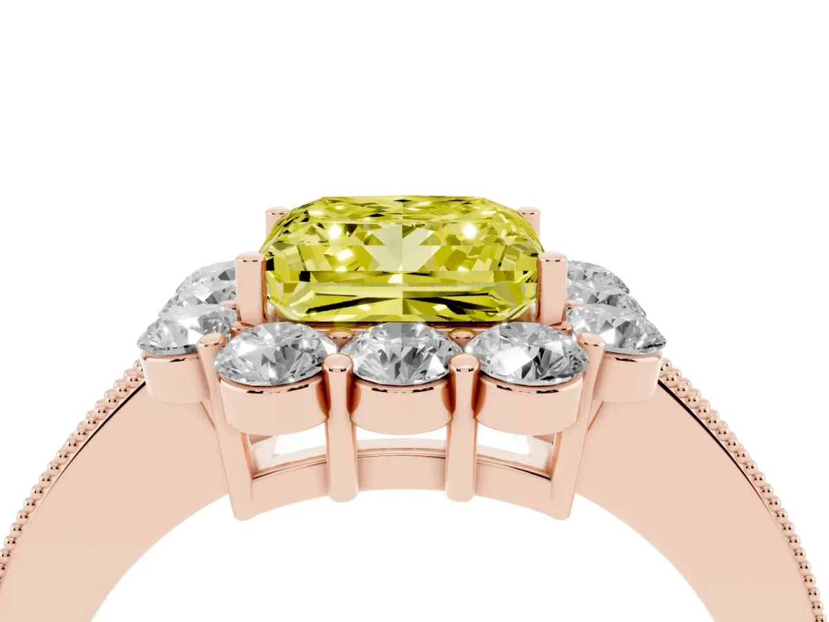 Fancy Yellow Princess Cut Cut Halo Diamond Pavé Engagement Ring with Milgrain Detailing Rose gold