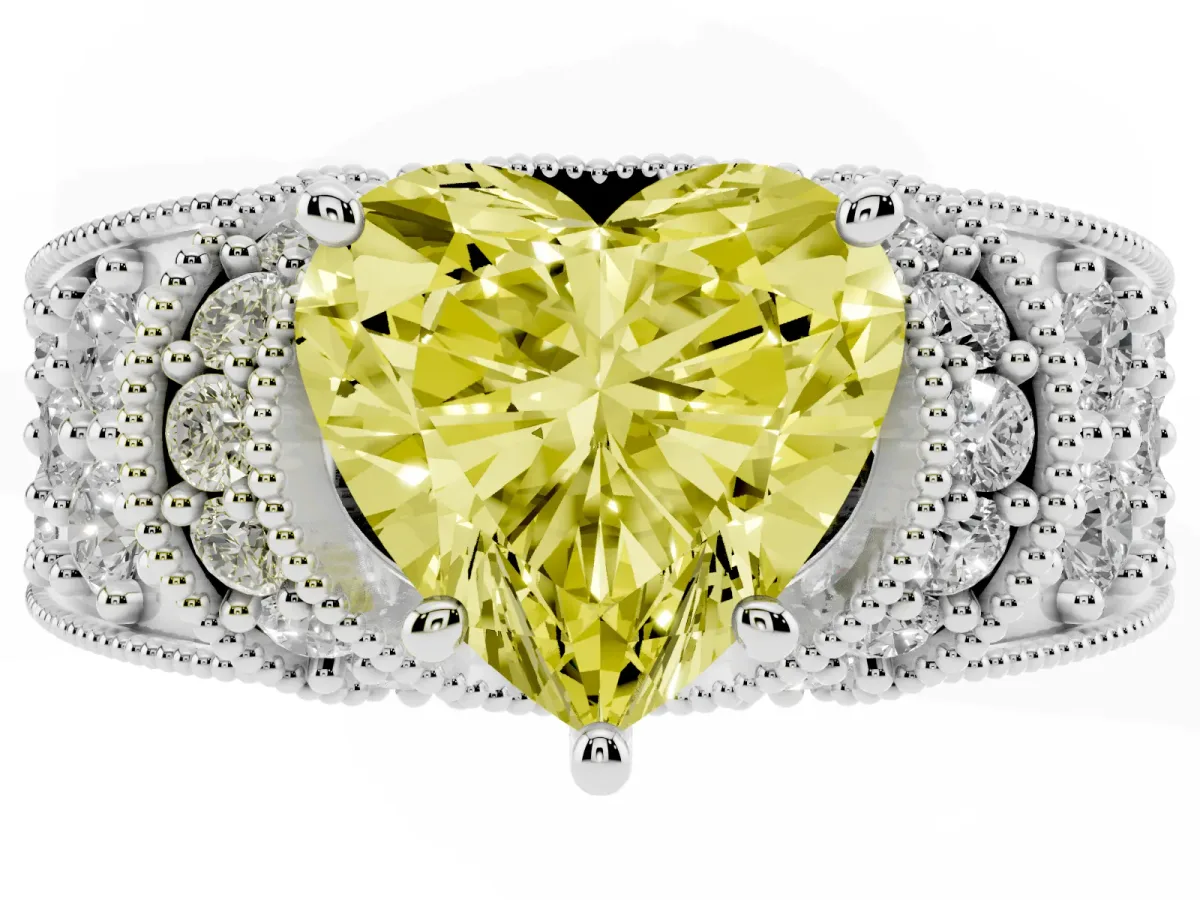Fancy Yellow Heart Cut Halo Pave Diamond Engagement Ring with Milgrain Detailing White gold