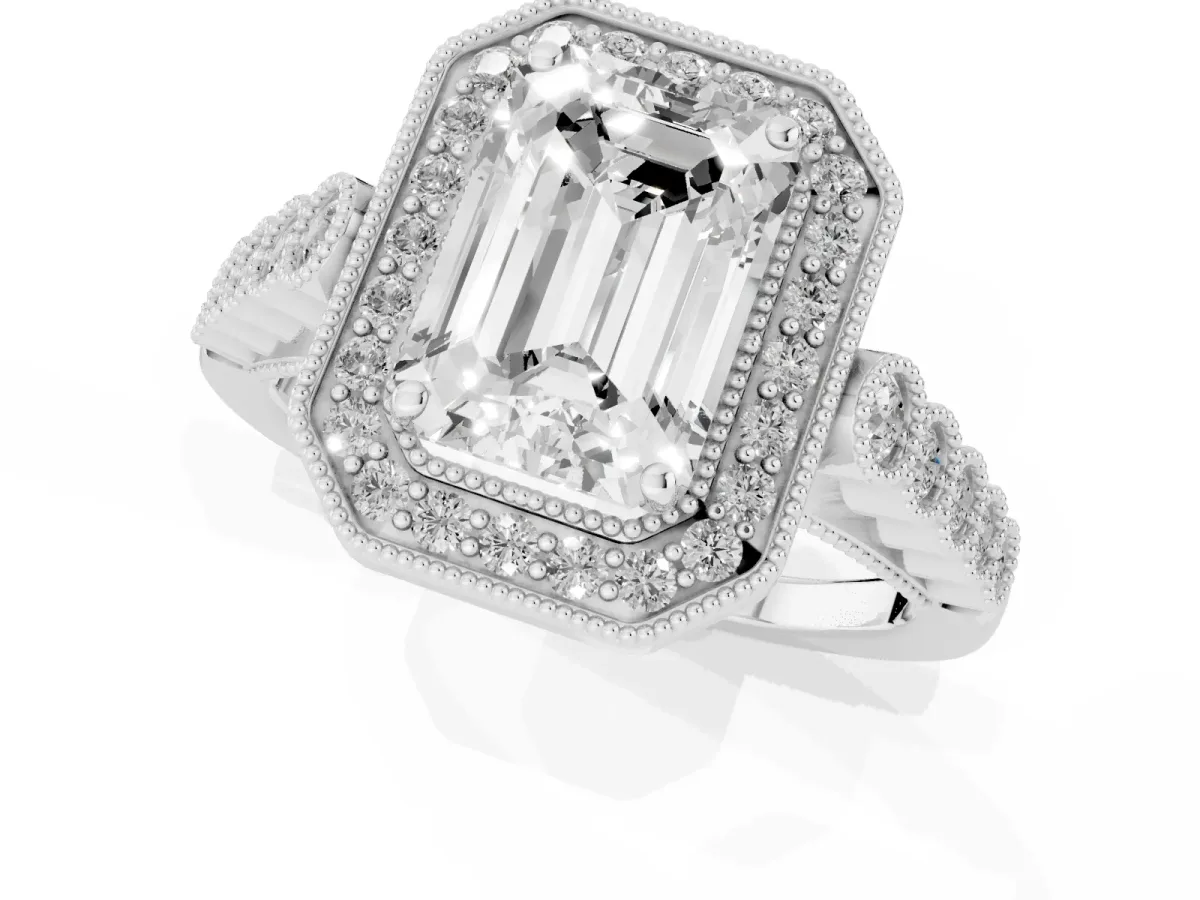 Emerald Cut Halo Milgrain Solitaire with Bezel Set Side Stones and Pave Band White gold
