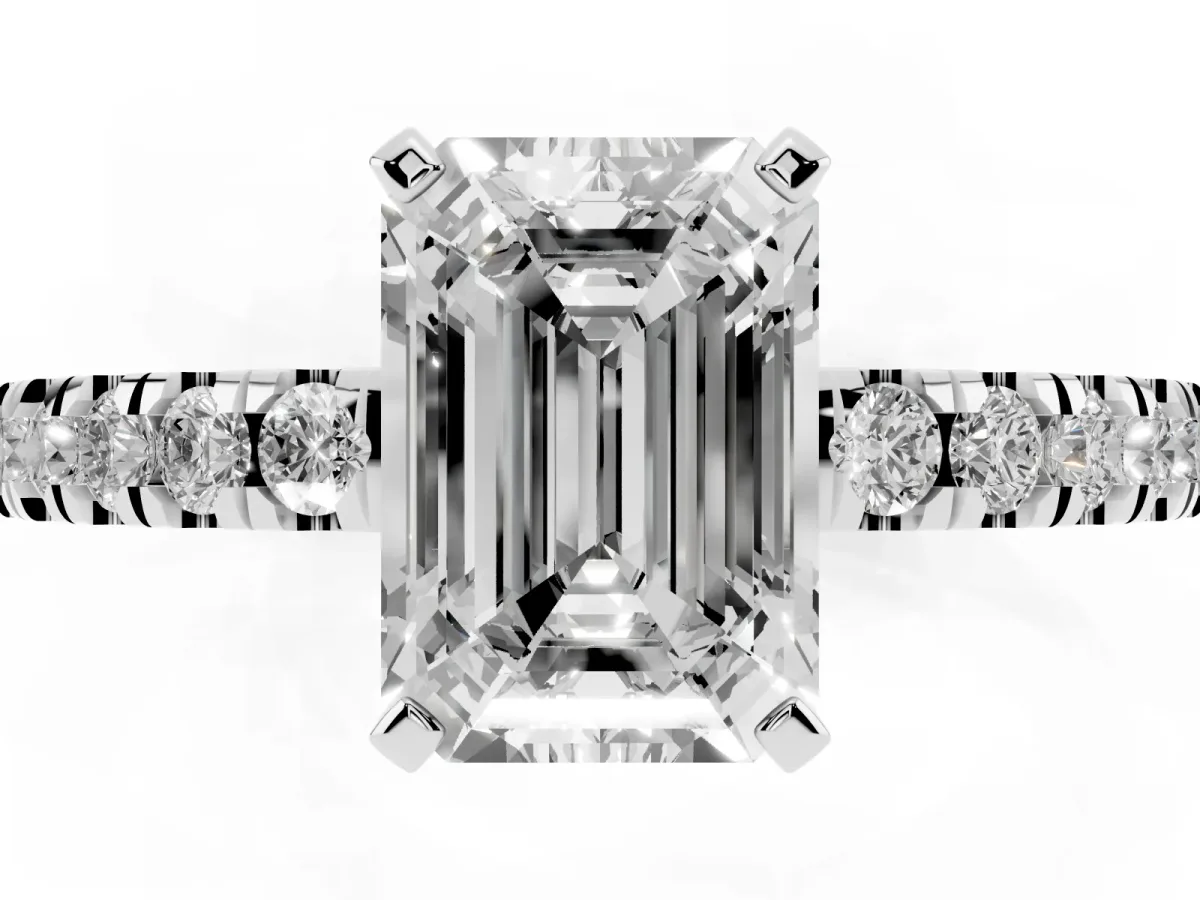 Emerald Cut Solitaire Diamond with Pavé Band and Four-Prong Setting Silver