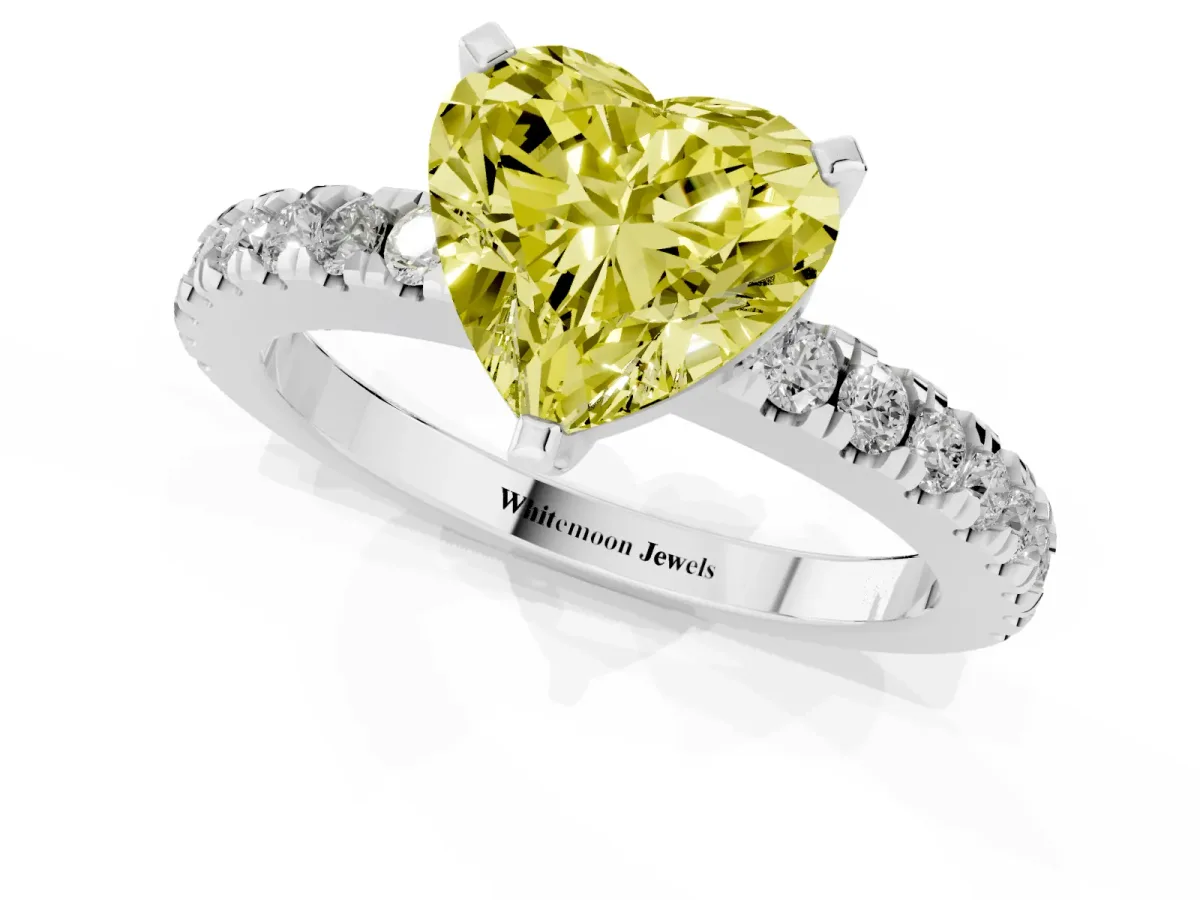 Fancy Yellow Heart Cut Solitaire Diamond with Pavé Band and Four-Prong Setting Silver