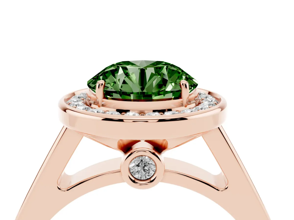 Fancy Green Round Cut Halo Solitaire Diamond Ring with Pave Band and Bezel Setting Rose gold