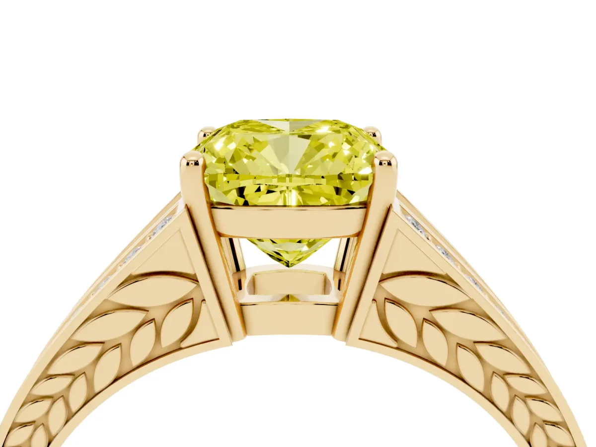 Fancy Yellow Cushion Cut Diamond Split Shank Ring with Pavé Band and Four-Prong Setting Yellow gold