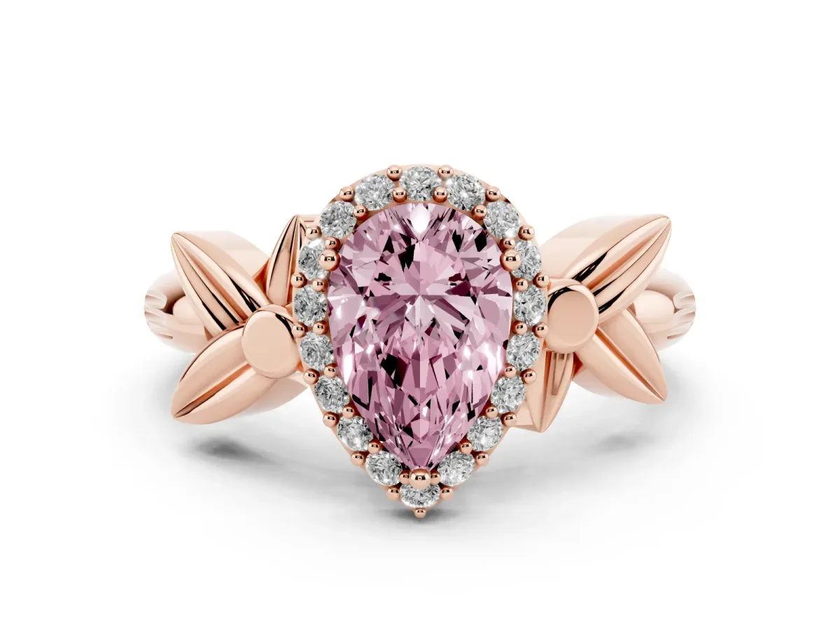 Fancy Pink Pear Cut Halo Diamond Floral Band with Four-Prong Setting Rose gold
