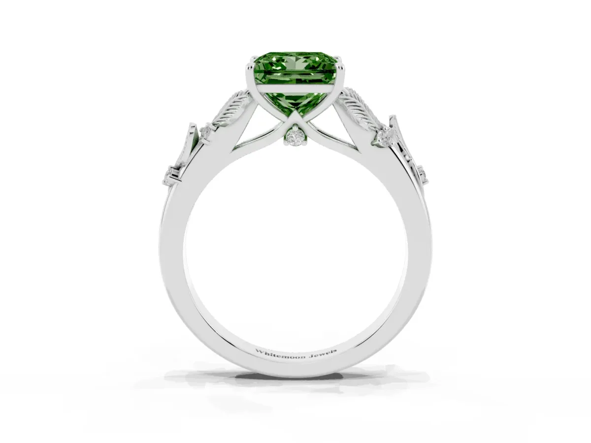 Fancy Green Princess Cut Diamond Solitaire Ring with Leaf Motif Band and Four-Prong Setting Silver