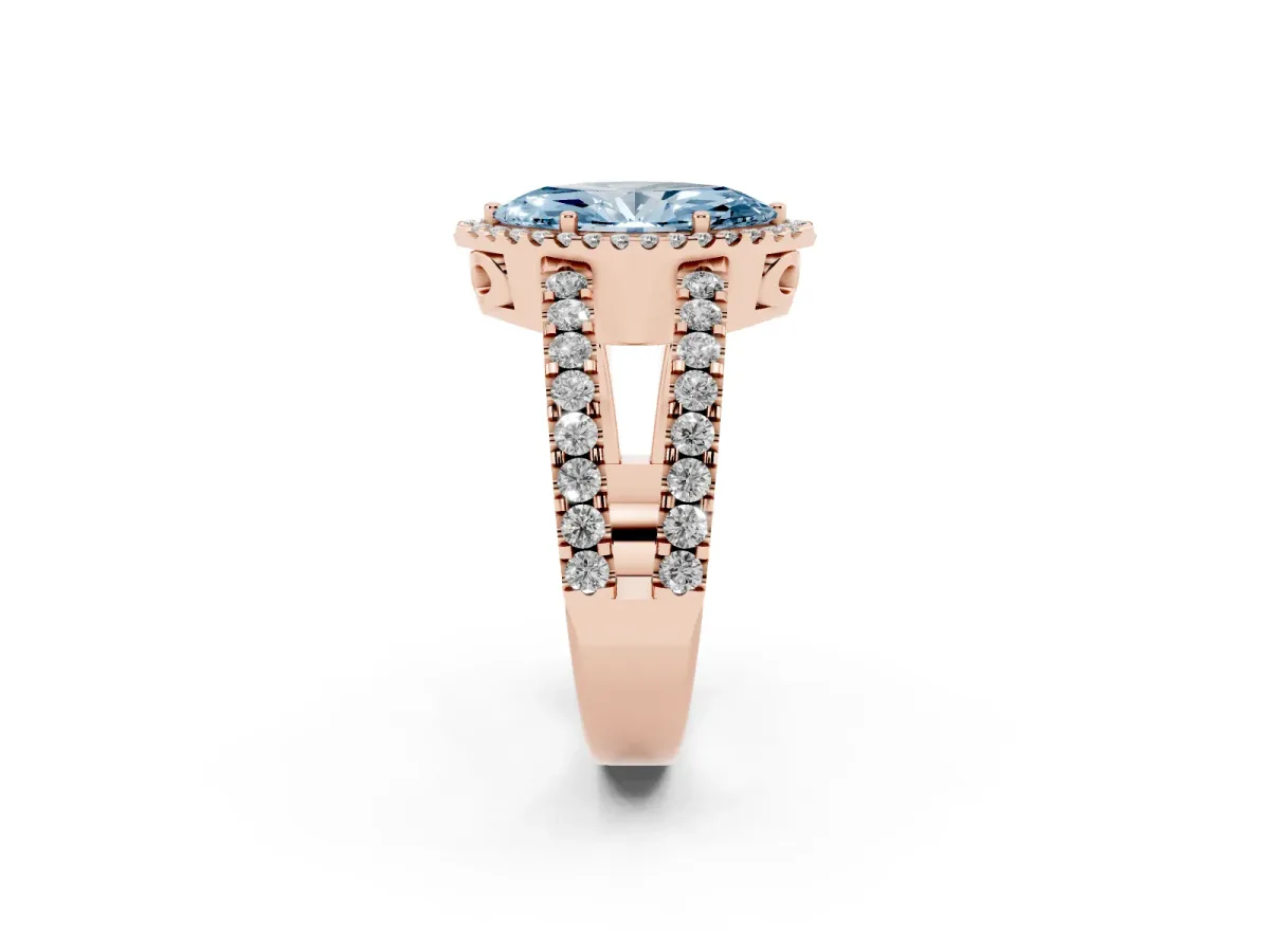 Fancy Blue Marquise Cut Cut Halo Split Shank Diamond Ring with Four-Prong Setting Rose gold