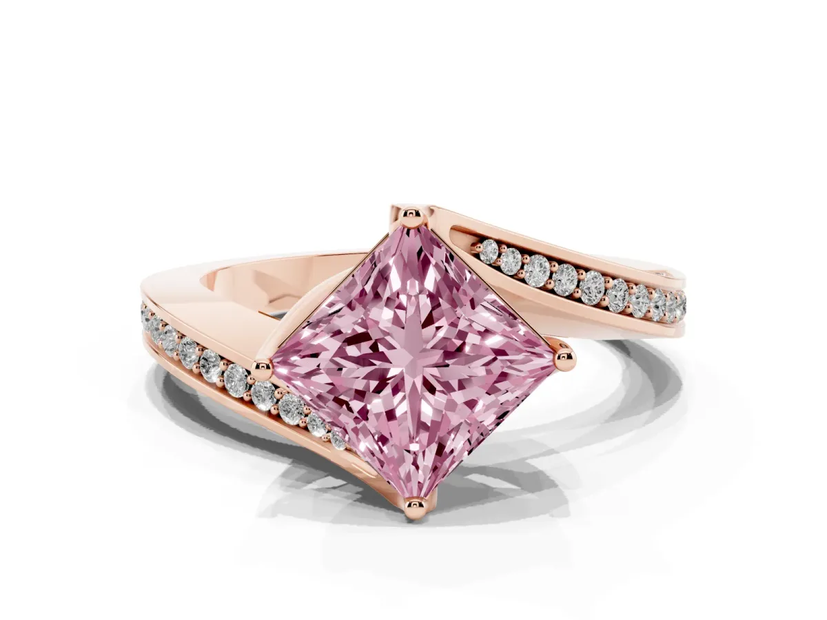 Fancy Pink Princess Cut Solitaire Diamond Twist Band with Pavé Setting and Four-Prong Setting Rose gold