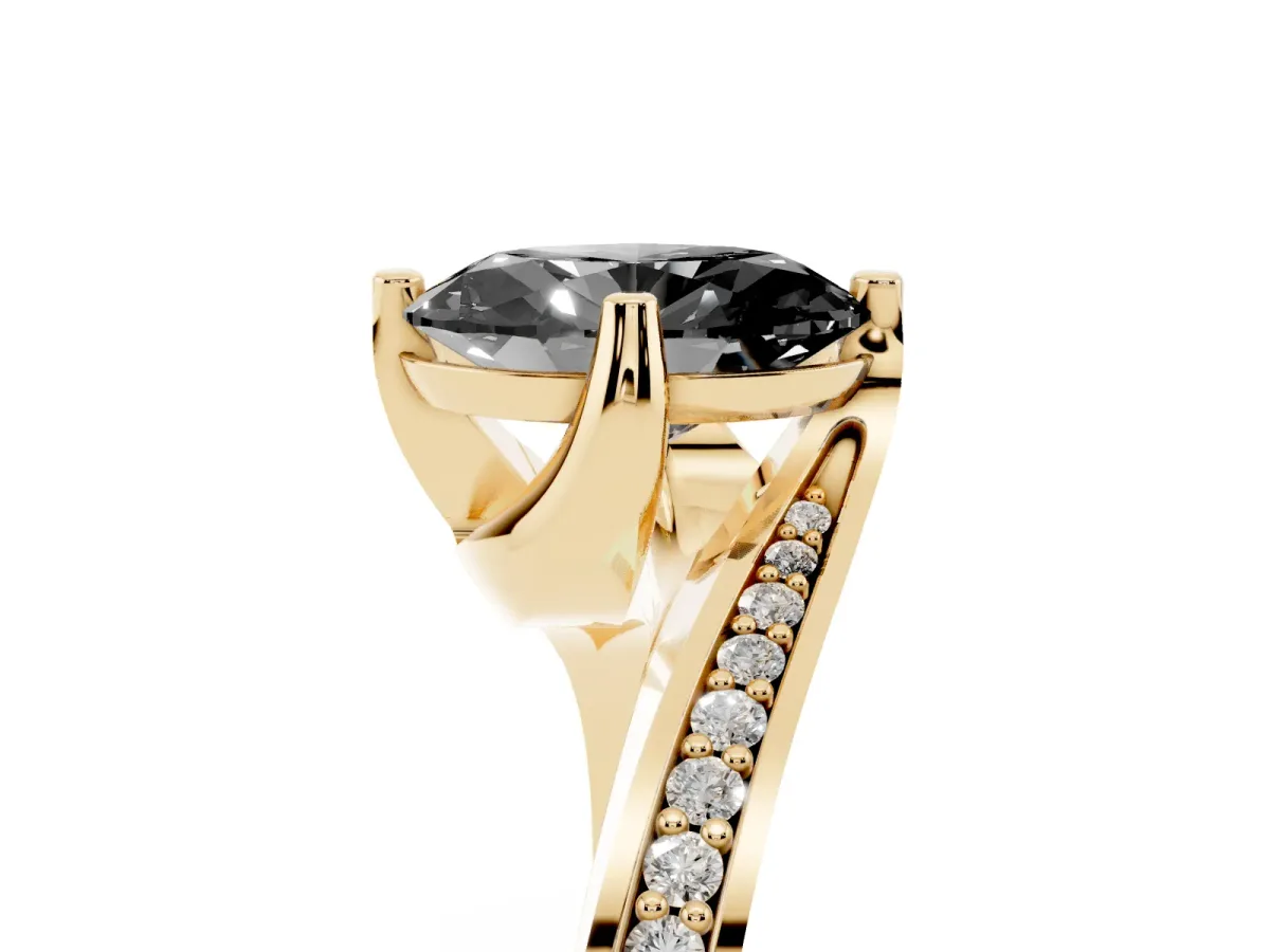 Fancy Black Oval Cut Solitaire Diamond Twist Band with Pavé Setting and Four-Prong Setting Yellow gold