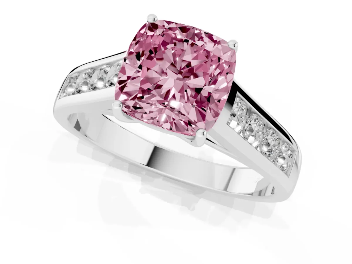 Fancy Pink Cushion Cut Brilliant Channel-Set Solitaire Ring with Four-Prong Setting Silver